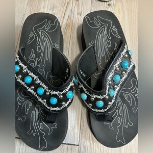 Cavenders- Beaded Flip Flops- Size 7- Black with Studded Aquamarine Beads.